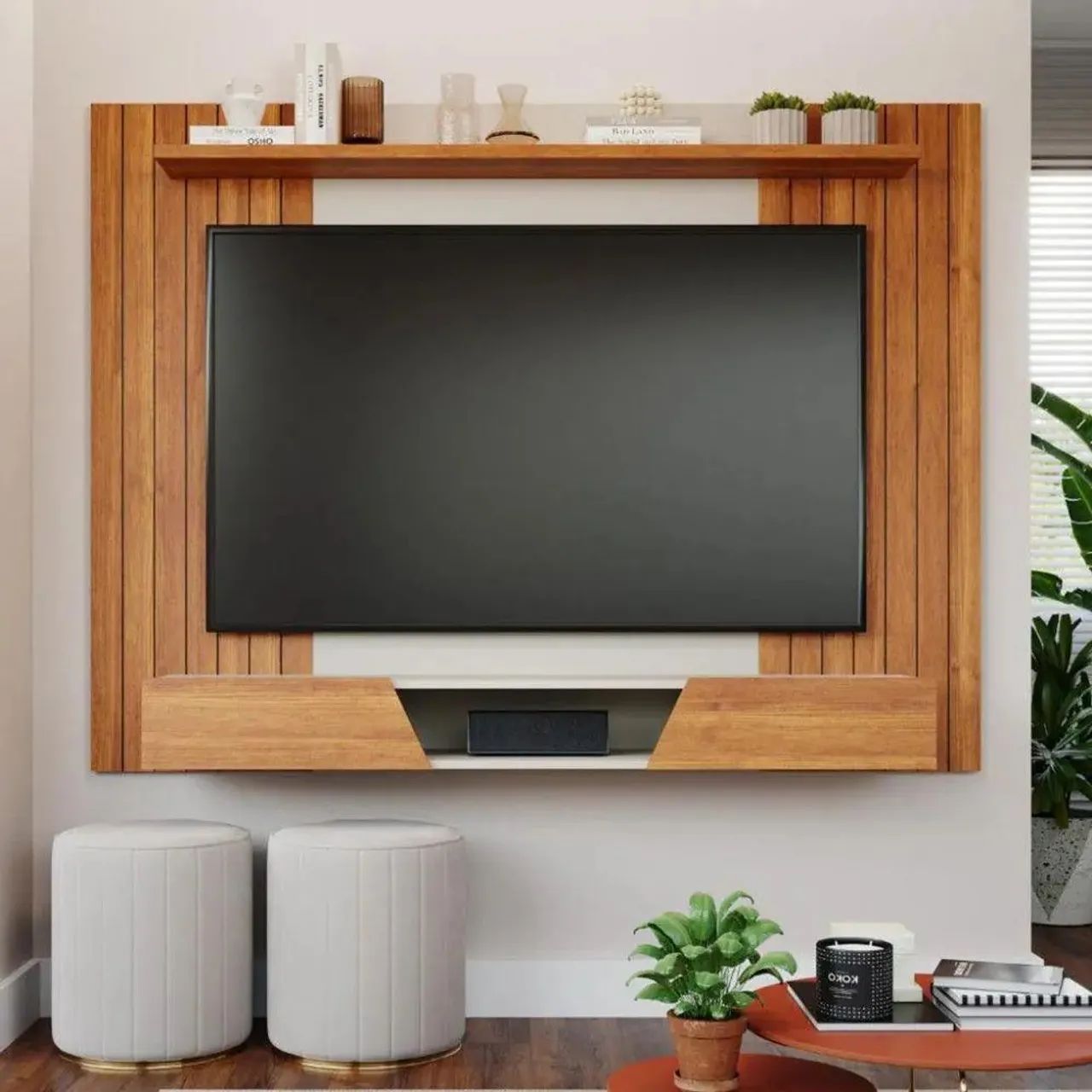 Painel Frisado Santiago TV até 70 Polegadas C/ Basculantes - Cinamomo/Off White<br>