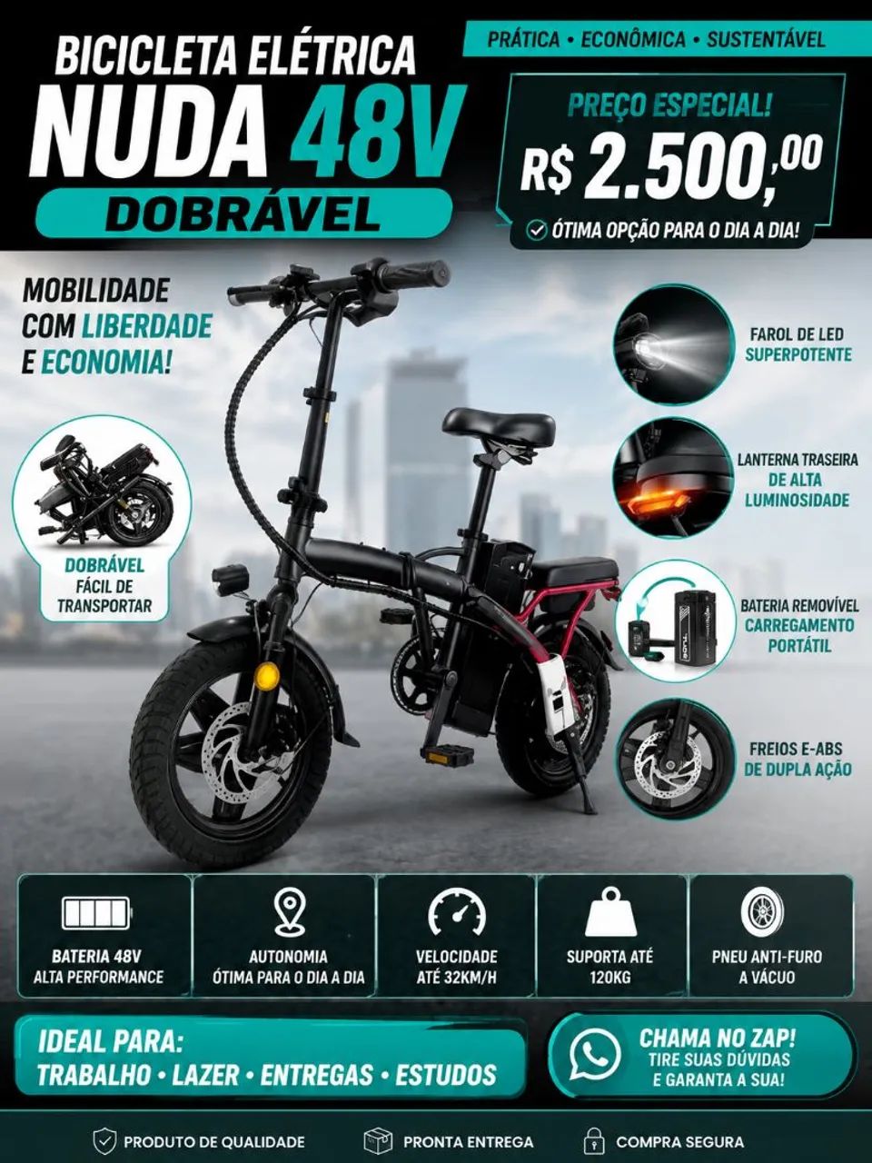 ? Bicicleta Elétrica NUDA 48V Dobrável - R$ 2.500,00