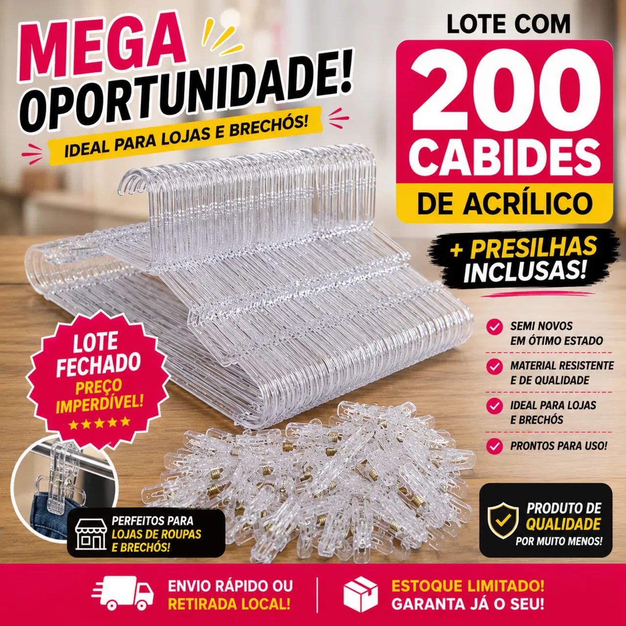 Lote com 200 cabides de acrílico com presilhas  - Foto 2
