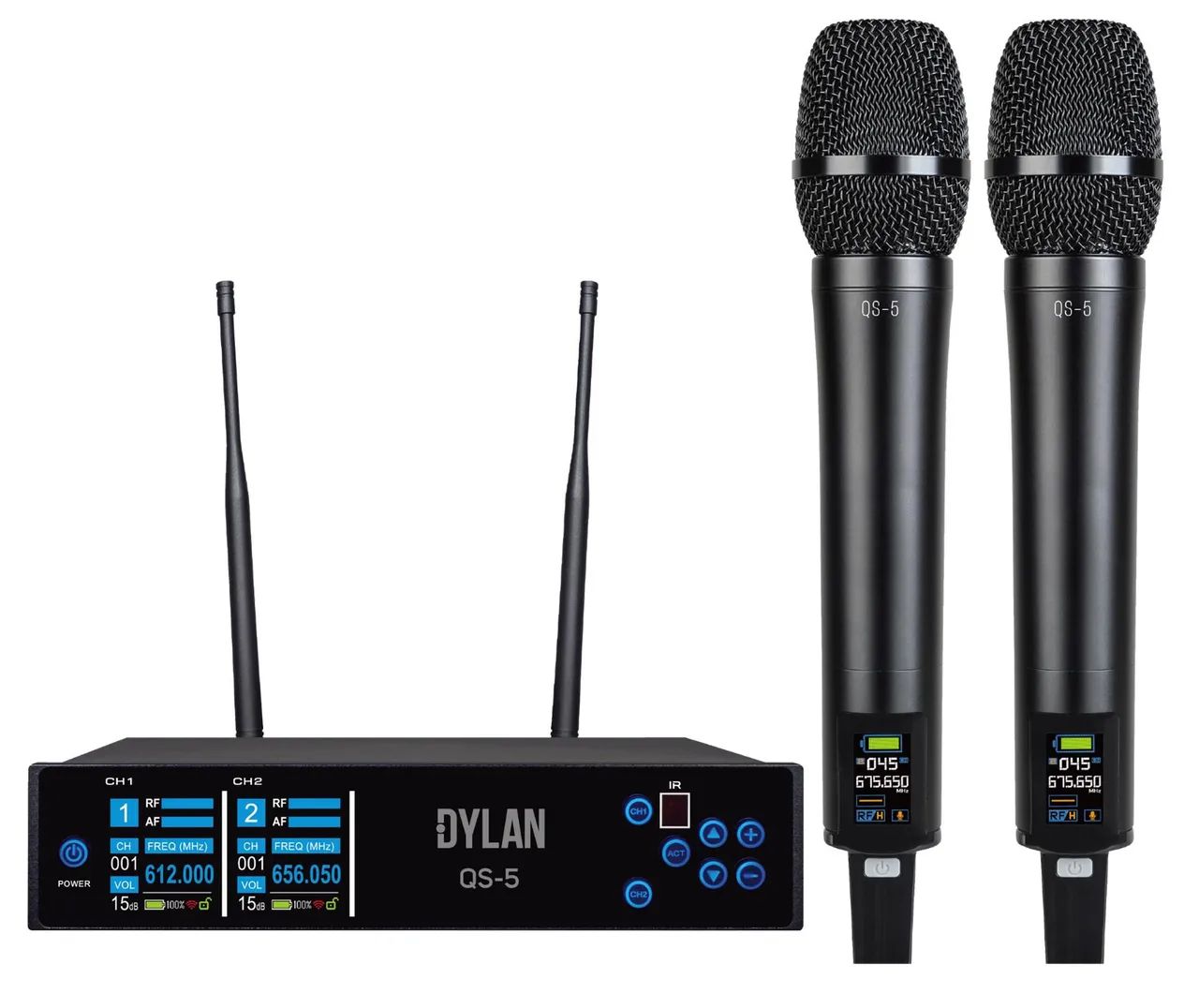 Dylan Microfone Sem Fio Duplo QS-5 (300 Canais / Recarregável Bateria de Lithium)