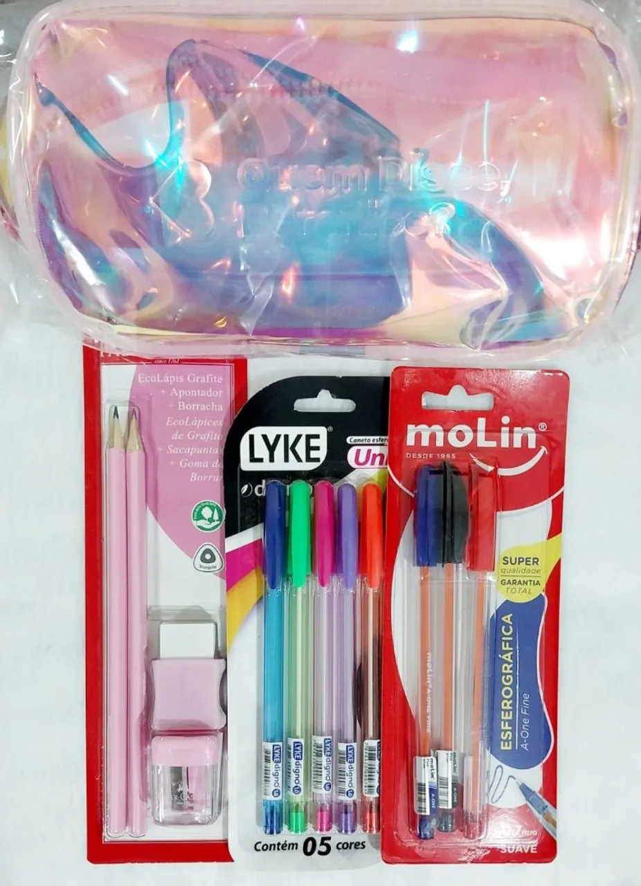 Kit papelaria fofa com 13 itens (estojo, canetas, lápis, borracha e apontador)