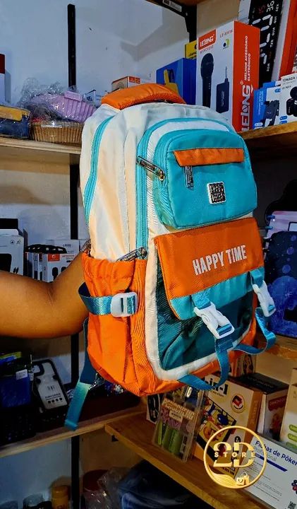 Mochila Escolar Happy Time - Azul e Laranja - Foto 2