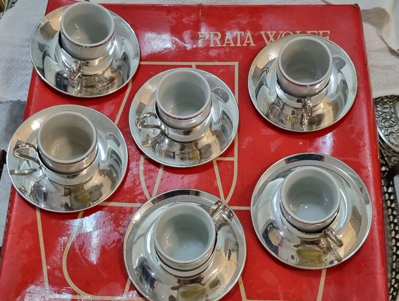 Wolff conj 6 xícaras para café em porcelana branca com friso prata na borda.ler descrição - Foto 6