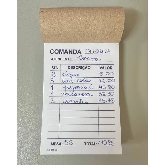 20 Blocos com 100 Comandas para Bares e Similares - 10 x 7 cm - Espaço 10 Itens Legíveis !