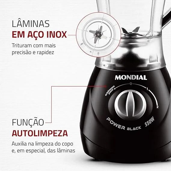 Liquidificador Mondial Power Black 550W, 2 veloc.+pulsar, c/copo SAN Cristal- 110V (NOVO) - Foto 4