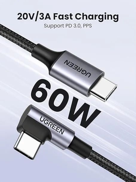 Cabo Ugreen USB-C/USB-C 90 60W US255 1M - Preto - Foto 2