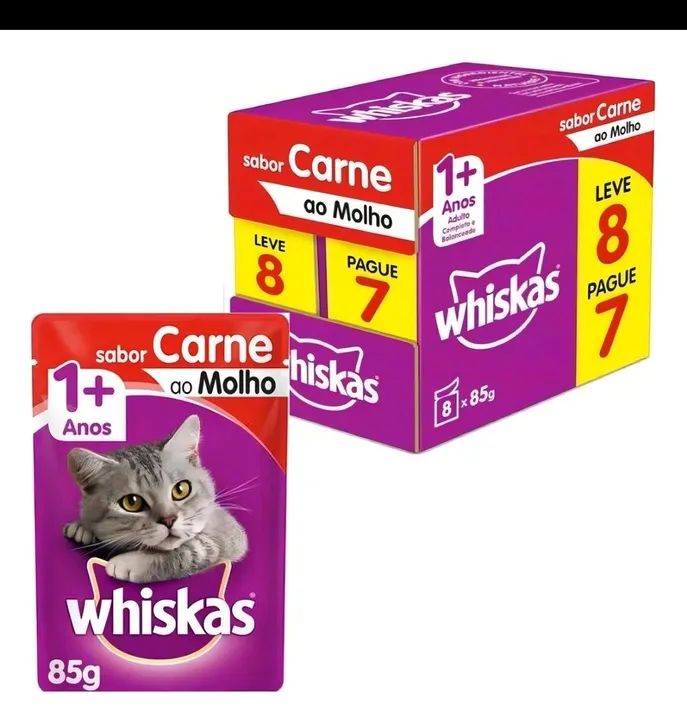 Ração Úmida Whiskas Carne ao Molho 85g - Pacote com 8 Sachês
