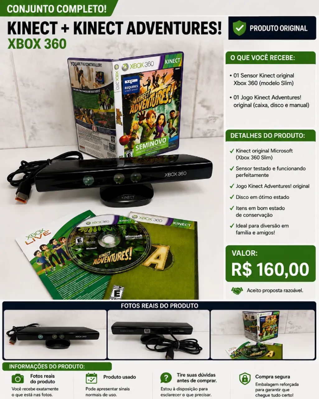 Kinect Xbox 360 Slim + Jogo Kinect Adventures Original
