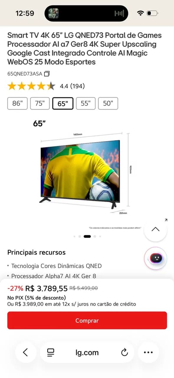 Smart TV 4K LG QNED 65? Polegadas Processador AI A7 Gen 8, Super Upscaling - Foto 2