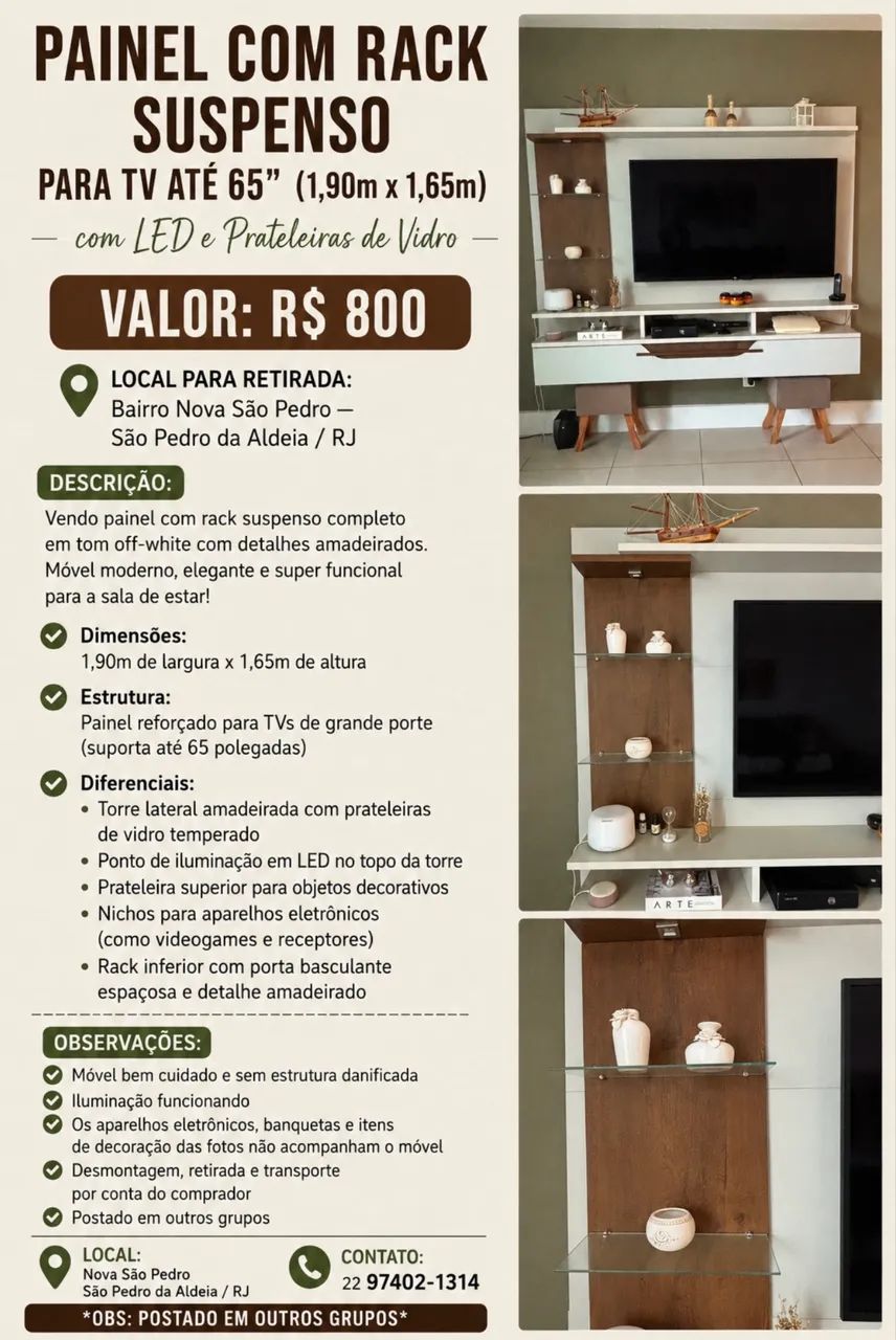 PAINEL COM RACK SUSPENSO com LED e Prateleiras de Vidro 