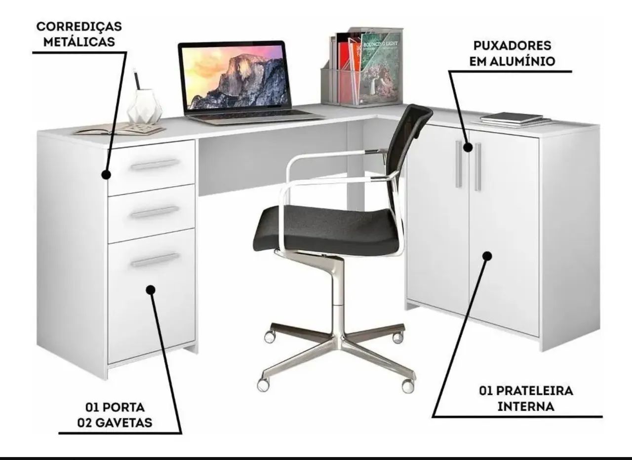 Conjunto de Móveis para Escritório Branco - Mesa em L + Armários - Foto 2