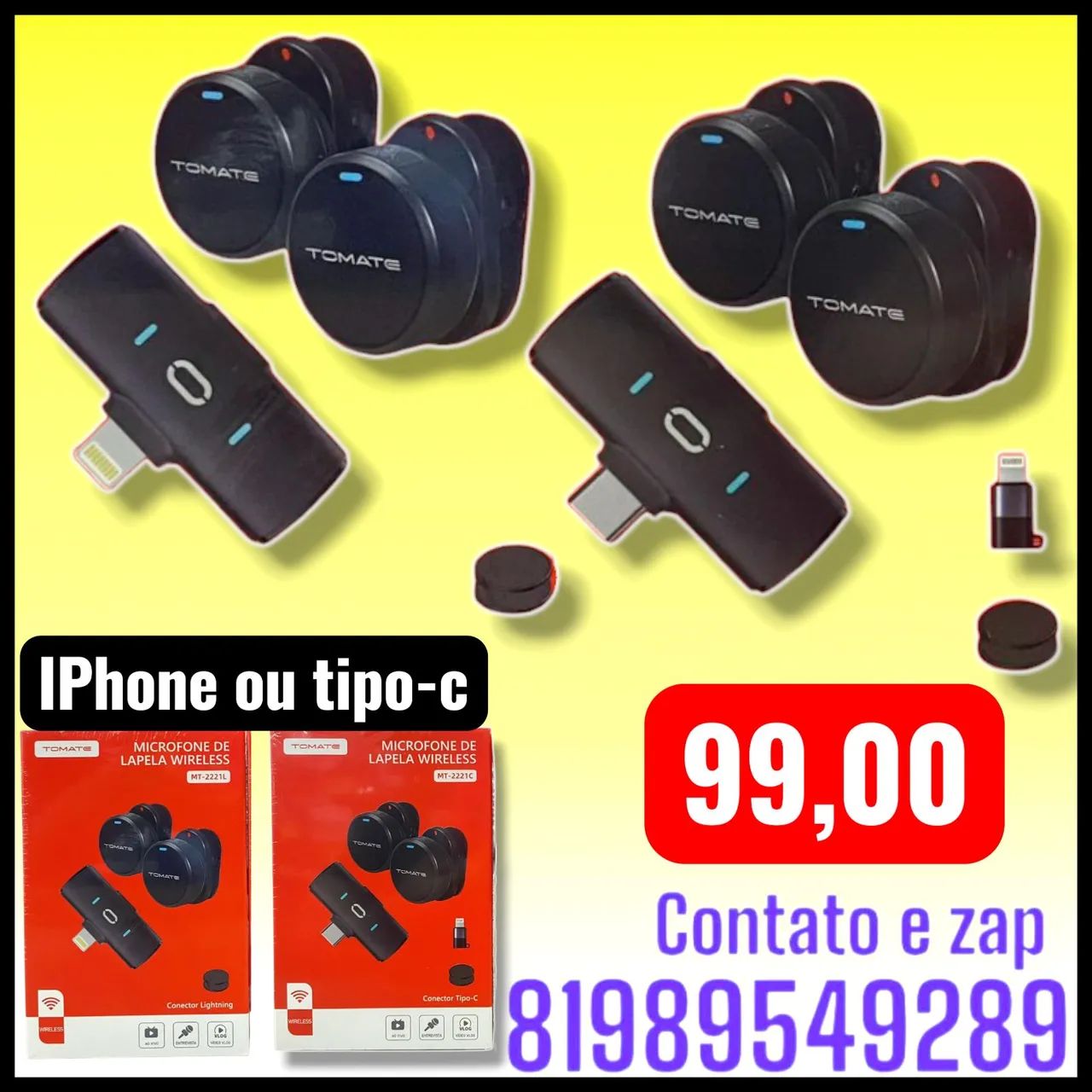 Microfone de Lapela Wireless Tomate (modelos MT-2221L ou MT-2221C). 