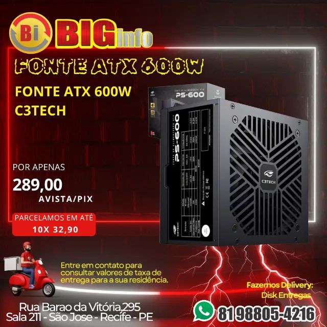 Fonte 600w Atx C3tech Ps-600bk, Bivolt, Preta