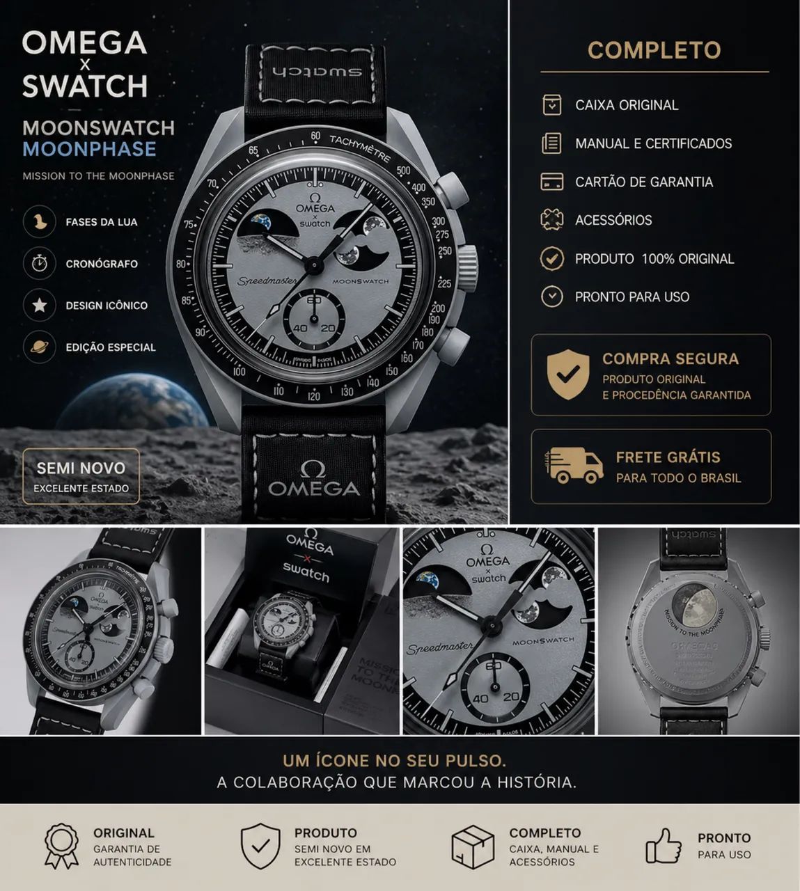 Omega x Swatch MoonSwatch Mission to Moonphase (Fases da Lua Omega x Swatch MoonSwatch Mission to Moonphase (Fases da Lua