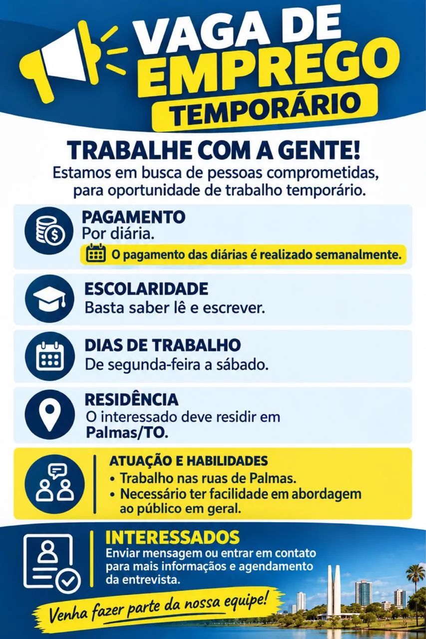 EMPREGO TEMPORÁRIO EM PALMAS/TO