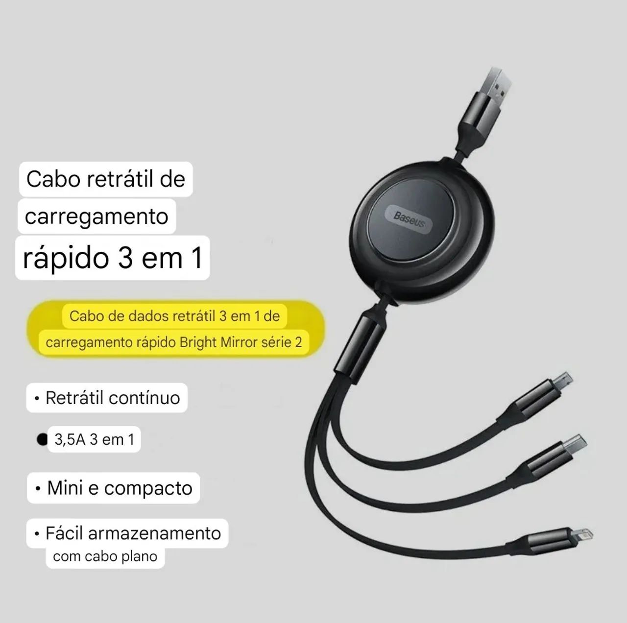 Baseus Cabo Retrátil Triplo de Carregamento 100W OFF. R$65,00 Pix - Foto 3