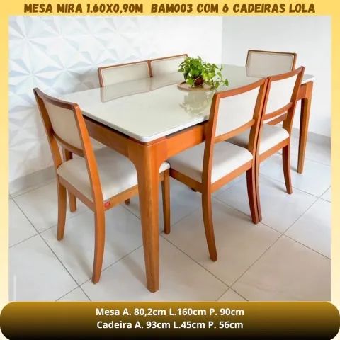 Mesa de jantar de 1.60x0.80 com base de madeira e 6 cadeiras de telinha 