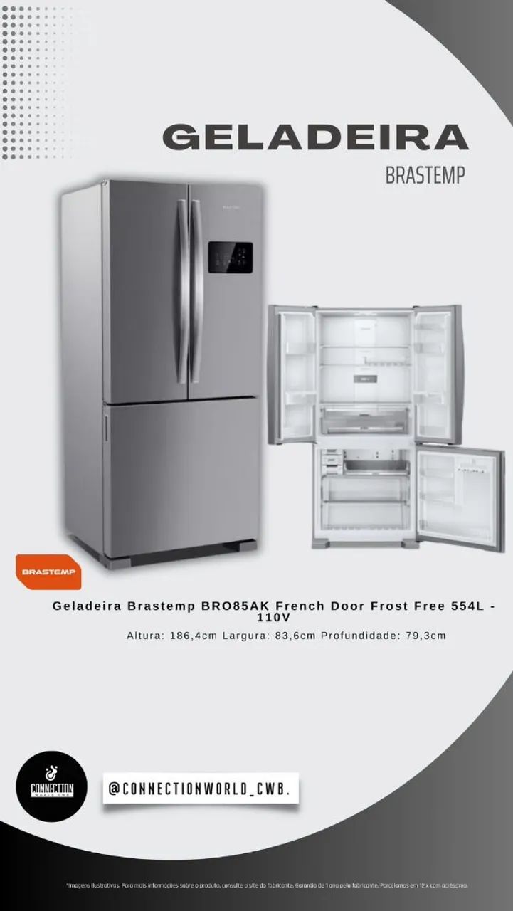 Geladeira Brastemp Frost Free Side Inverse 3<br>Portas A+++ 554 litros cor Inox - BRO85AK