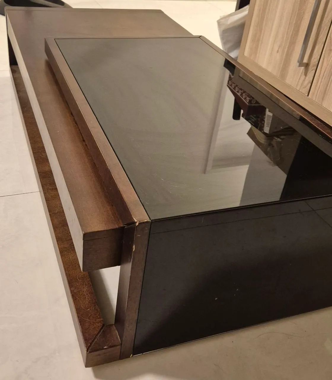 Mesa de Centro Sala Madeira e Vidro Nogueira