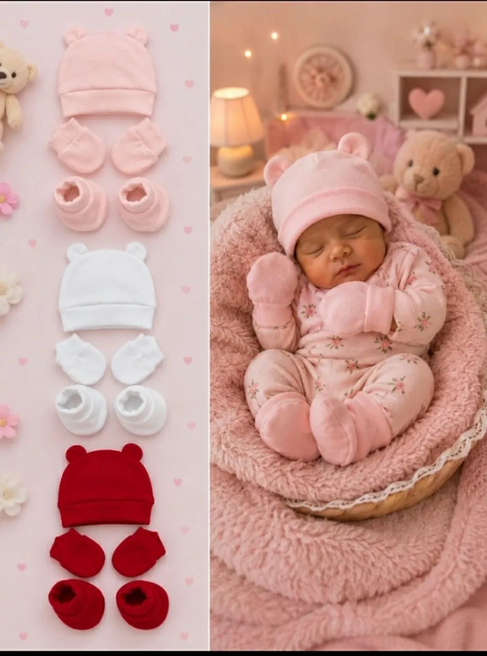 KIT COM 3 CONJUNTOS RECÉM NASCIDO 0 À 3 MESES COM 3 TOUCAS TED + 3 LUVINHAS + 3 SAPATINHOS