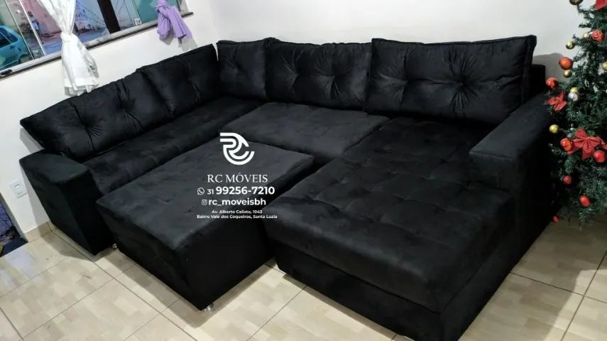 Sofá de canto Grande 3,10m com Chaise e Puff veludo macio D33 Premium | Novo - Foto 5