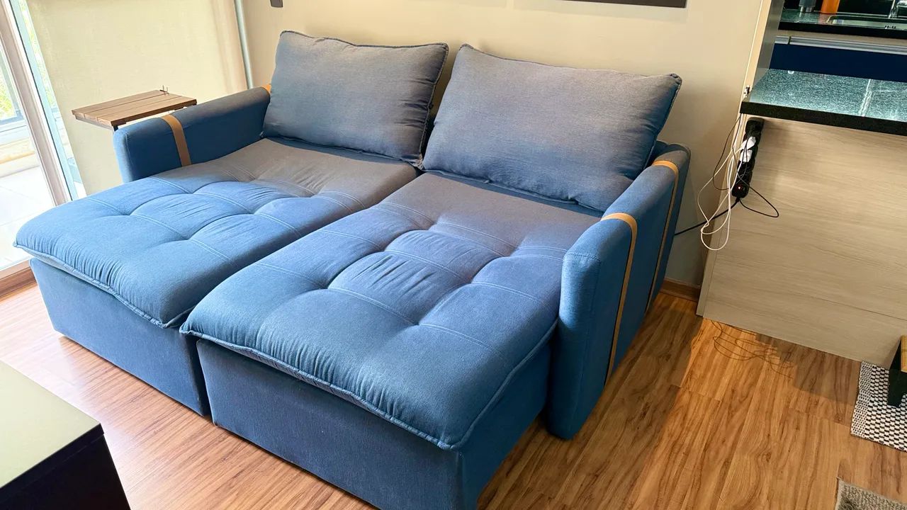 Sofá sem Caixa Atrás Tecido Linho Azul 2 Metros - Foto 5