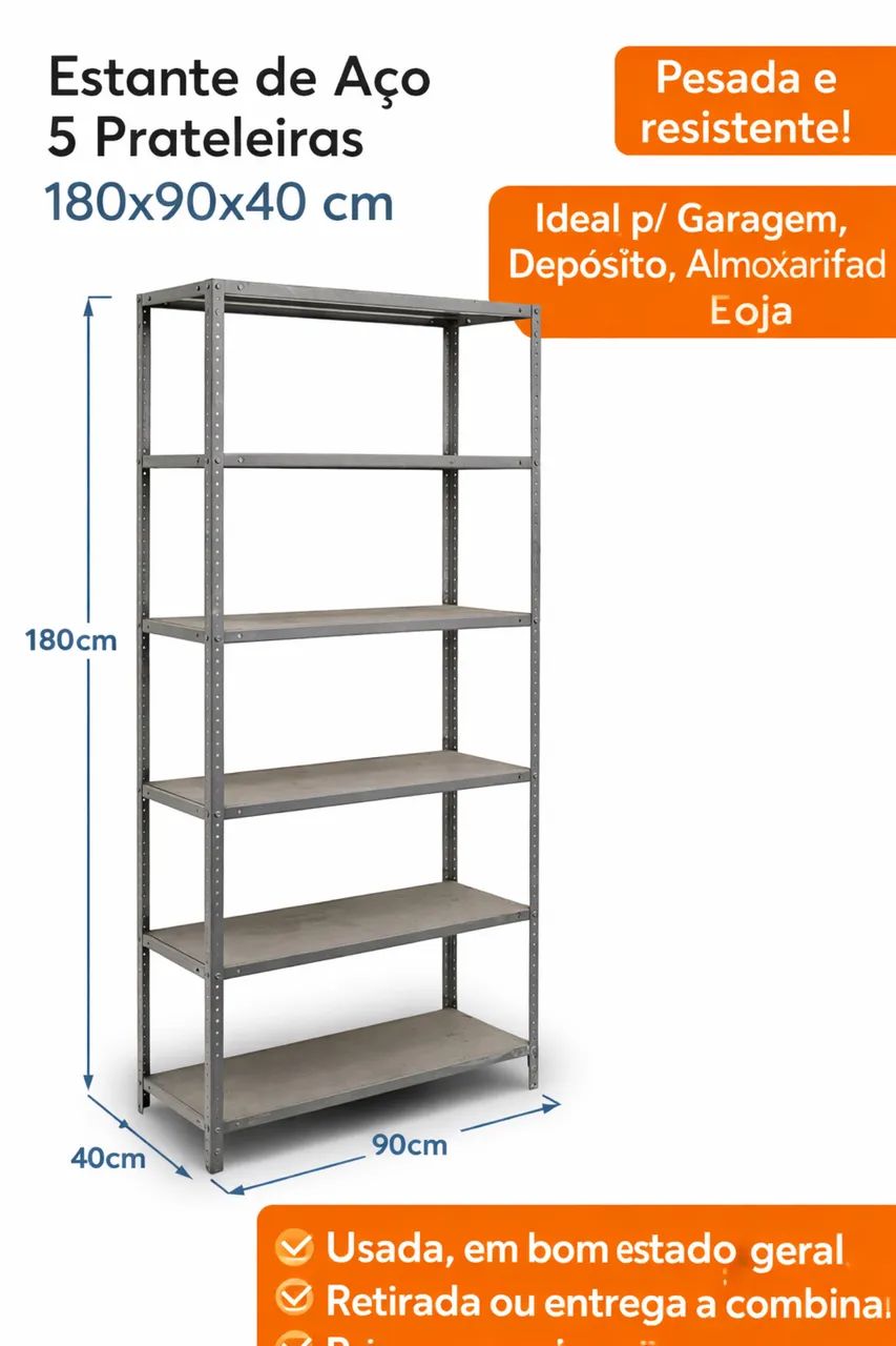 Estante de Aço 5 Prateleiras Reforçada 180x90x40 cm - Móveis Para