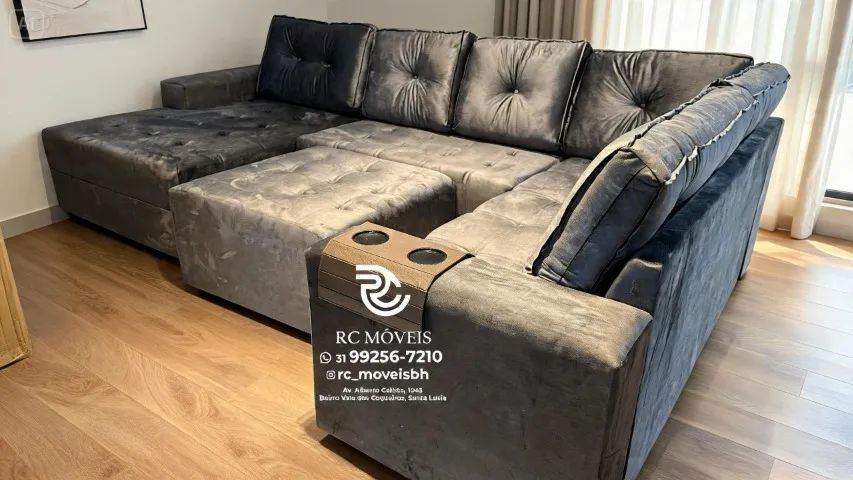 Sofá de canto Grande 3,10m com Chaise e Puff veludo macio D33 Premium - Foto 3