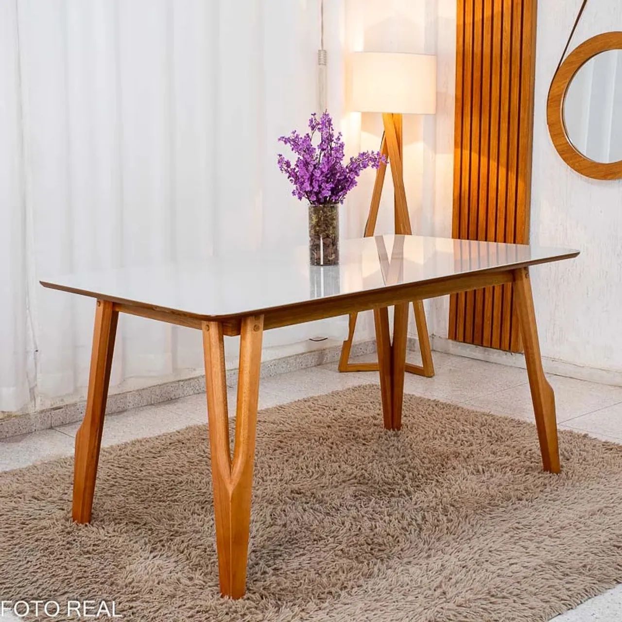 Mesa de Jantar 160x90 Vidro Off/Base Madeira Entrega Rápida