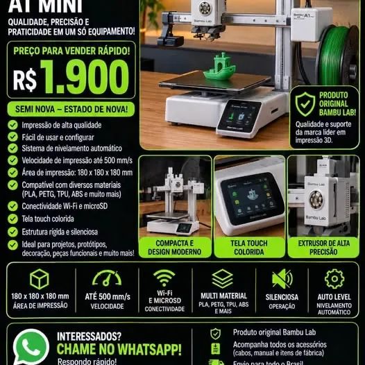  Impressora 3D Bambu Lab A1 Mini ? PREÇO PARA VENDER RÁPIDO! Vendo