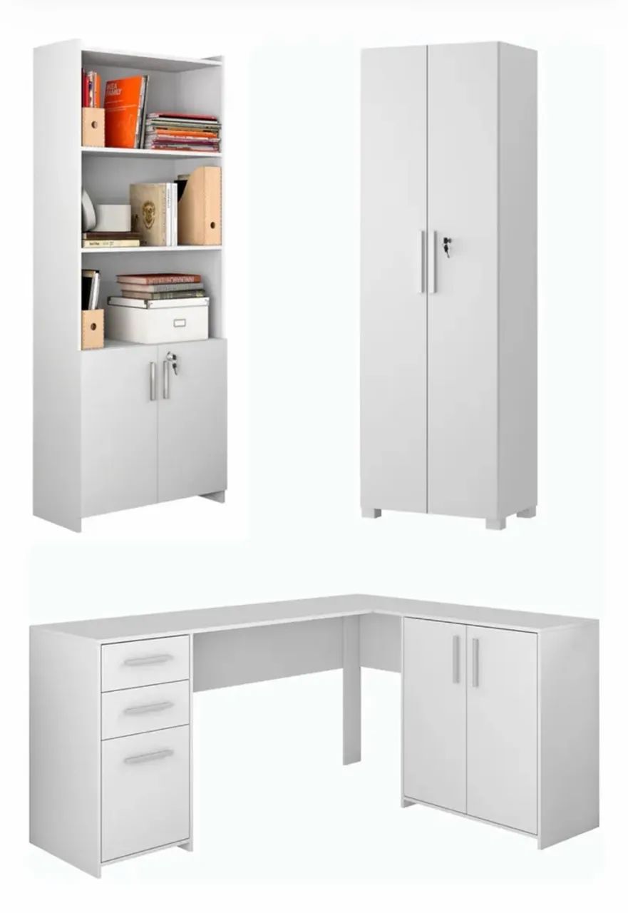 Conjunto de Móveis para Escritório Branco - Mesa em L + Armários