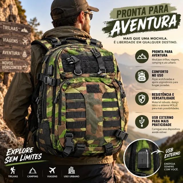 Mochila Tática Militar 55l Camuflada Impermeável Usb