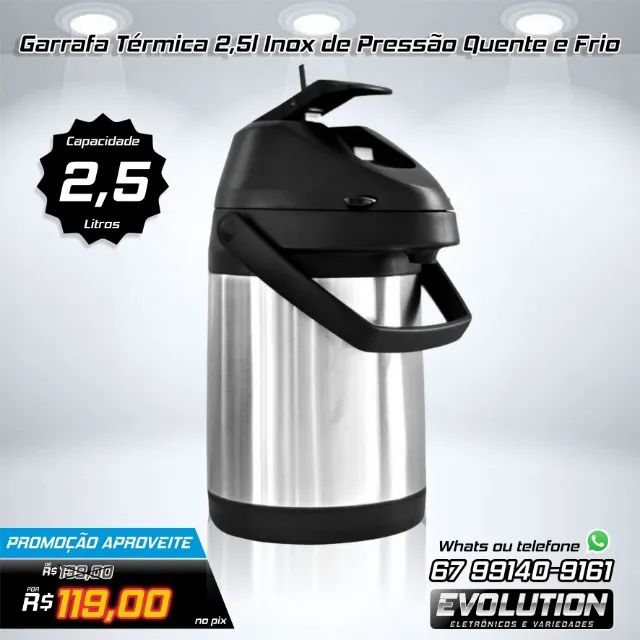 Garrafa Térmica Aço Inox 2,5 Litros com alavanca de pressão Aproveite