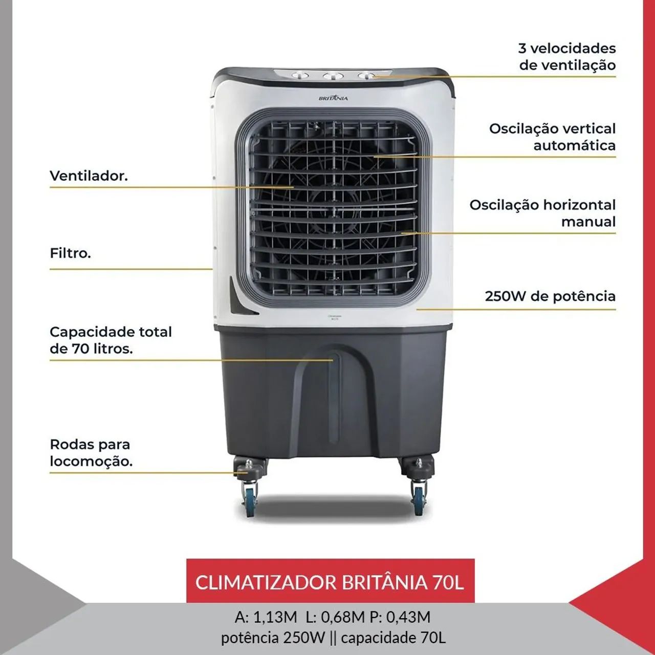 Climatizador Britânia 70L - Gelado e Refrescante!