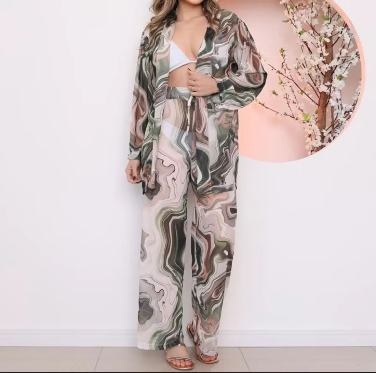 Saída de praia tule conjunto camisa+calça 