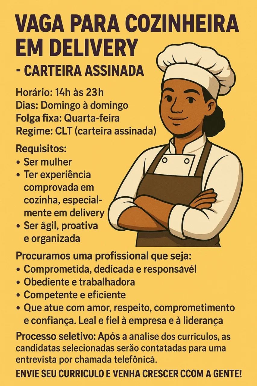 Vaga para cozinheira em delivery - carteira assinada