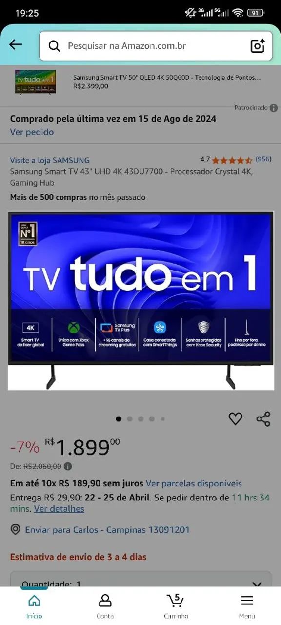 TV Samsung 43 polegadas 4K UHD Smart 43DU7700 - R$1.899,00