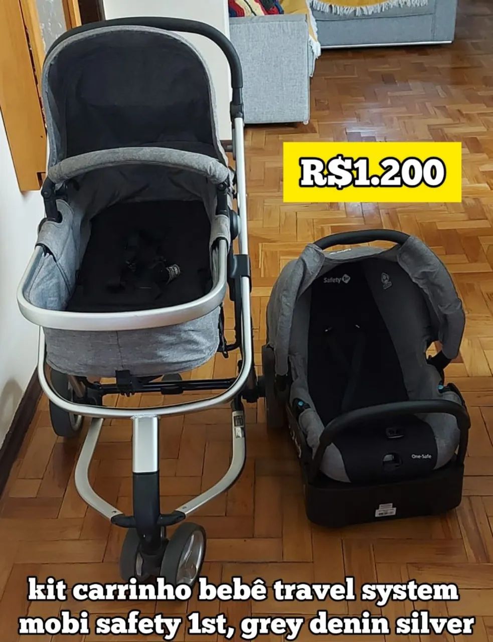 Kit Carrinho Bebê Travel System Mobi Safety 1st - Grey Denin Silver
