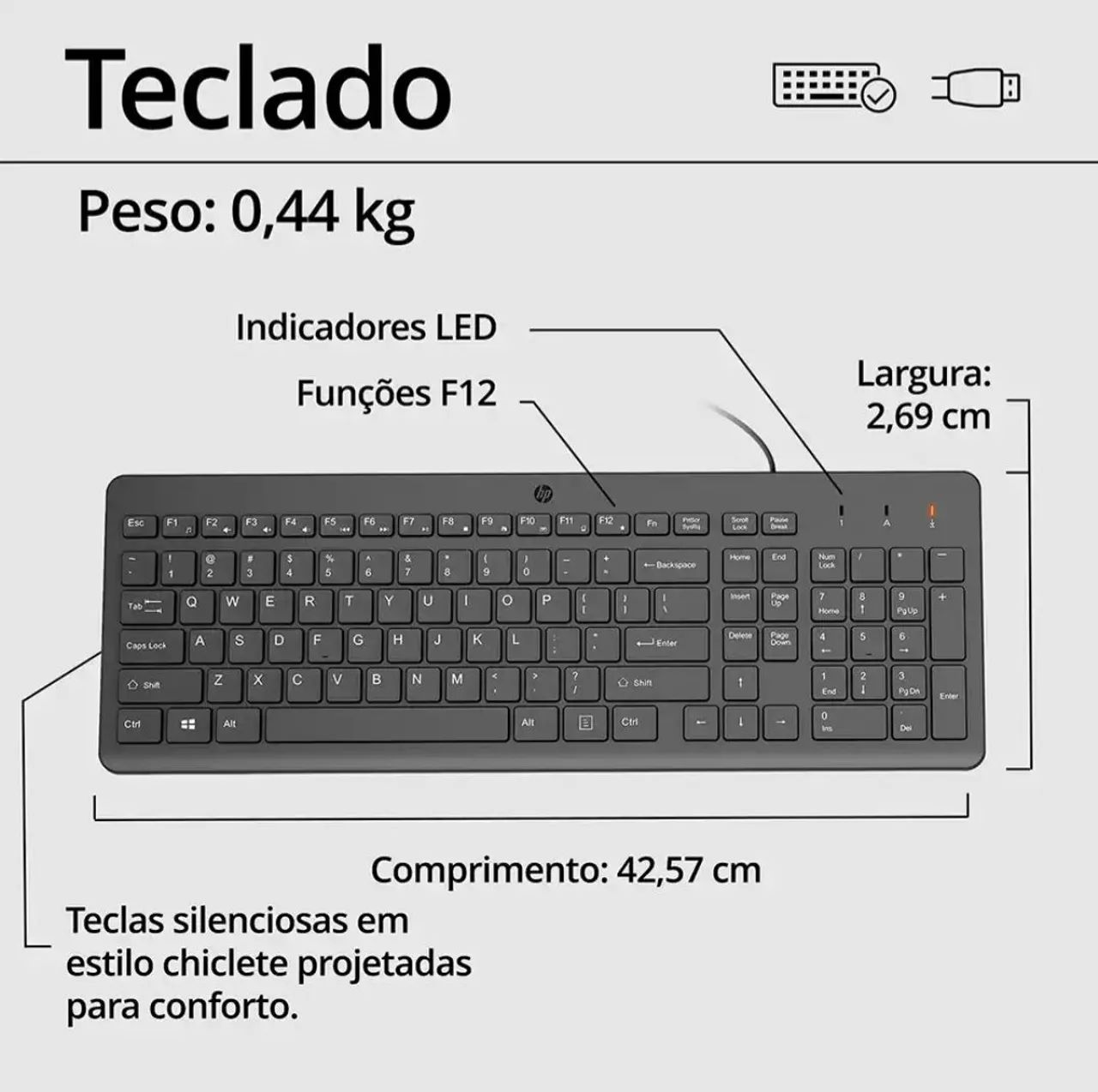 Teclado e Mouse com fio USB HP 150, Design Ergonômico, Tecla Silenciosa, Layout ABNT  - Foto 3