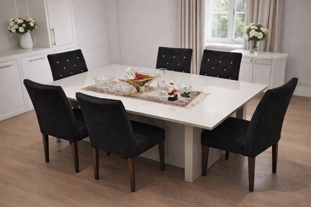 Mesa de Jantar em Laca com 6 Cadeiras Aveludadas Conjunto Sofisticado e de Alta Qualidade