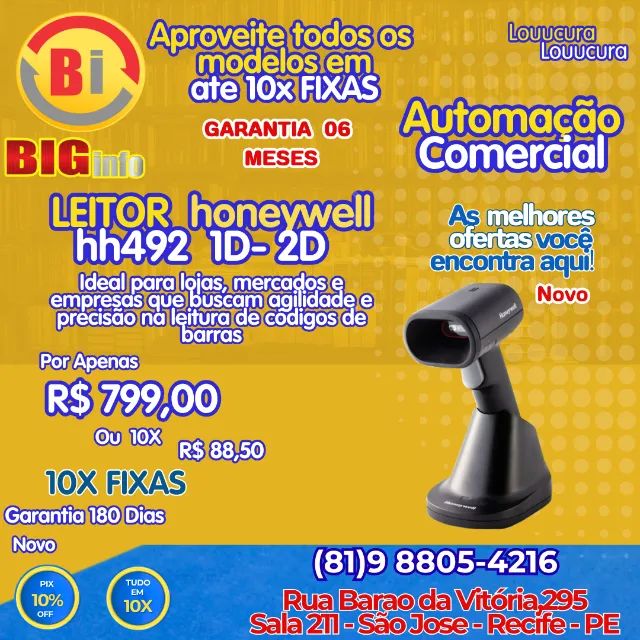  Leitor de Código de Barras Sem Fio 2D Honeywell HH492 - Em ate 10x Fixas 