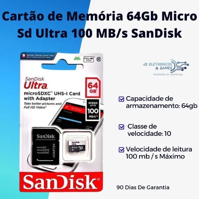Cartão de Memória 64Gb Micro Sd Ultra 100 MB/s SanDisk - loja física