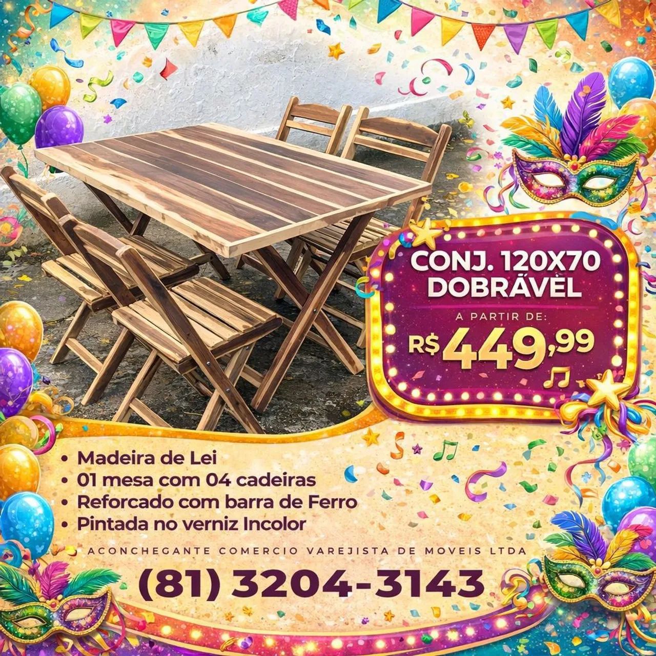 Mesa 120x70 dobrável em madeira de lei 