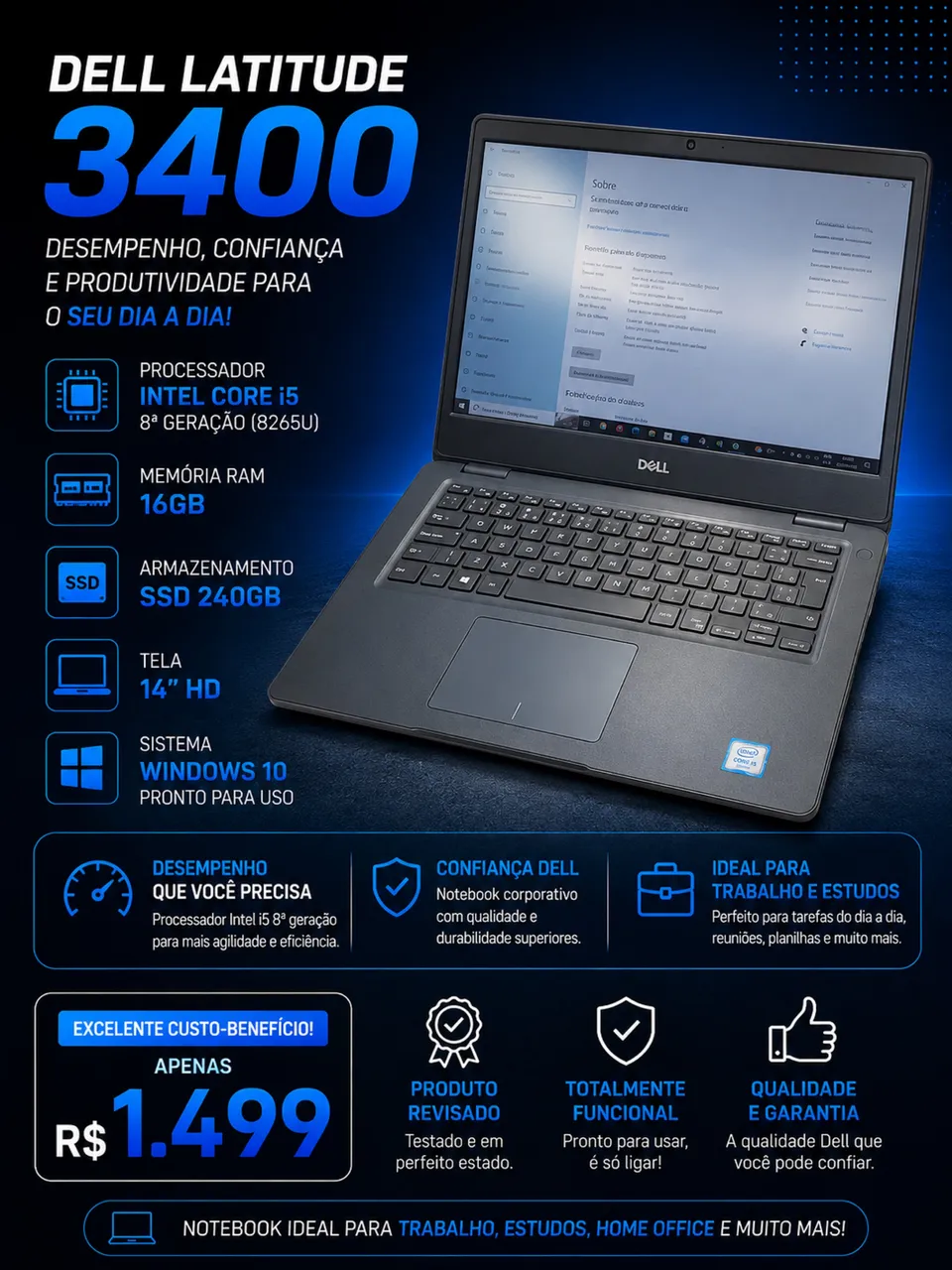 Notebook Dell Core i5 8ª Geração + 16GB RAM + SSD 240GB