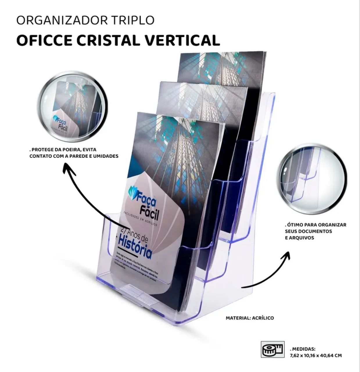 Organizador Escritório Vertical Triplo Multiuso Em Acrílico Cristal - Foto 2