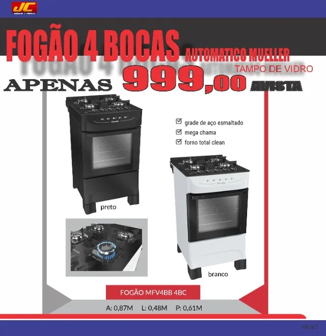 Fogão Mueller 4 bocas tampo de vidro / 12