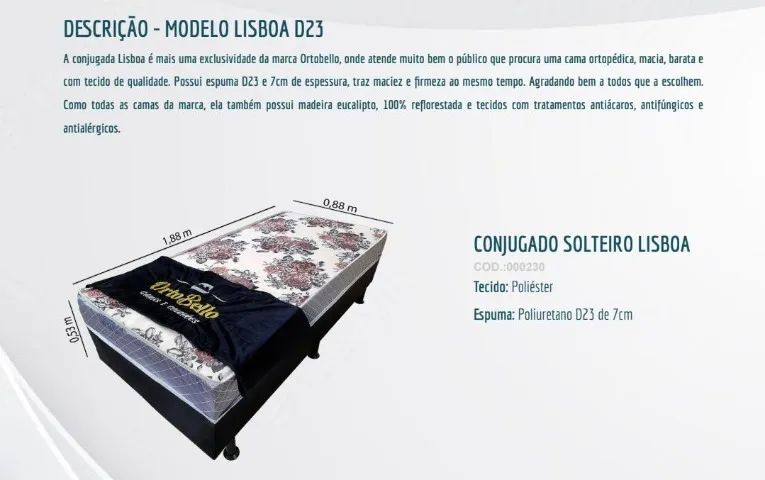 Box solteiro Lisboa D23 com 7cm de espuma