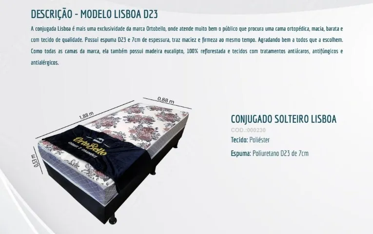 Box solteiro Lisboa D23 com 7cm de espuma