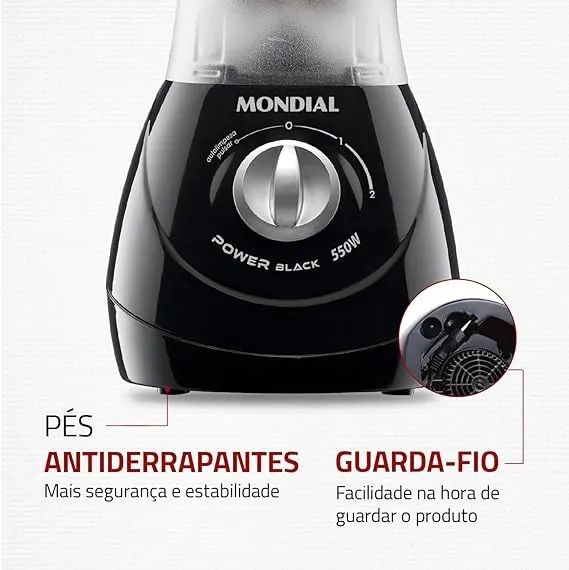 Liquidificador Mondial Power Black 550W, 2 veloc.+pulsar, c/copo SAN Cristal- 110V (NOVO) - Foto 5