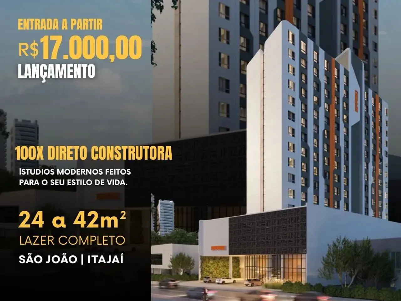 Studios para Venda entrada a partir de 17 mil de entrada, Fluxo em 100 meses direto com c